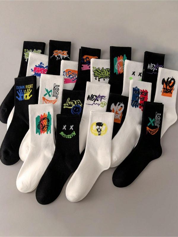Unisex 5 Pairs Random Print Crew Socks, Moisture-Wicking Socks, Soft Comfy Breathable Socks for Daily Wear, Casual Stylish Socks for All Seasons