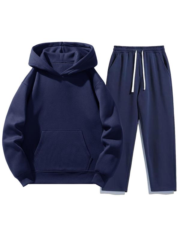 Men's Plain Two-Piece Sweatsuit Set, Fitted Casual Hoodie & Drawstring Pants, Thick Fabric for Fall Winter, Daily Wear Essentials