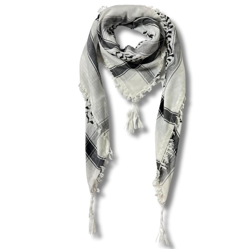 Authentic Palestinian Kuffiyeh Cotton Scarf with Sharshoba Embroidery Fringe Trim 47x47 Inches Handmade Fashion Accessory Machine Washable