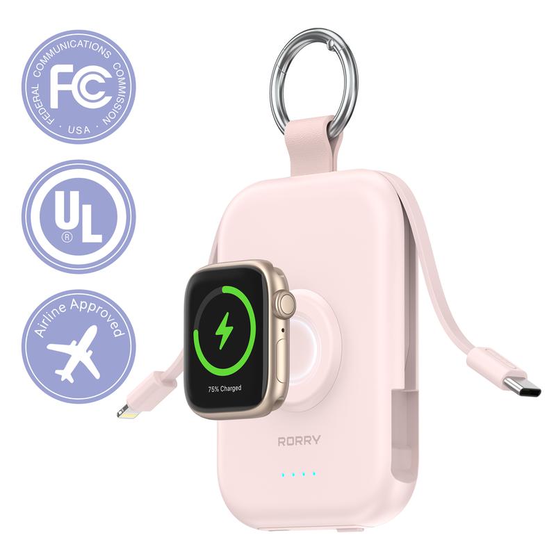 RORRY CharmGo 5000mAh Portable Charger Power Bank with Built-in Cables Travel Keychain Battery Pack for Apple Watch iPhone AirPods Compact & Travel-Friendly Gift Ideas,