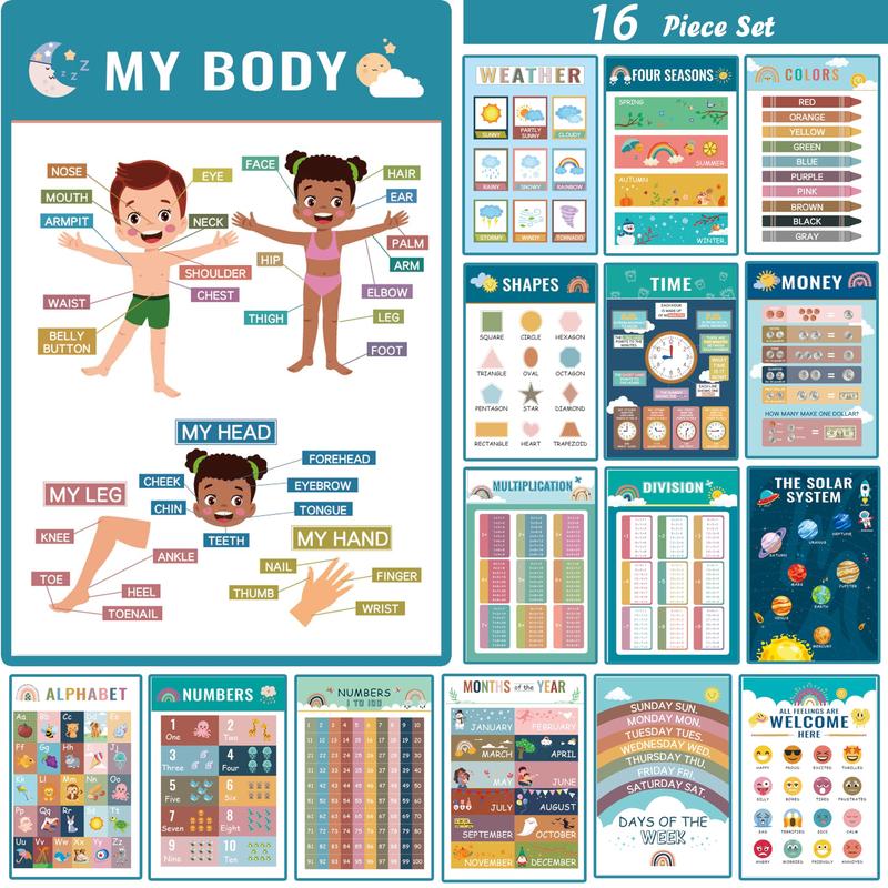 16 Boho Colorful Educational Posters for Toddlers Ages 1-5, Kindergarten Charts, Aesthetic Room Decor, School & Office Educational Supplies, Gifts for Kids, Wall Decor, Wall Art outdoorfun