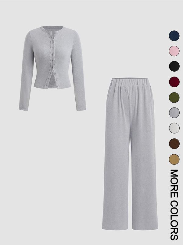Two-piece Set Women's Solid Button Front Ribbed Crop Top & Elastic Waist Pants, Casual Long Sleeve Outfits for Spring & Fall, Women's Clothes for Daily Wear, Airport Outfit
