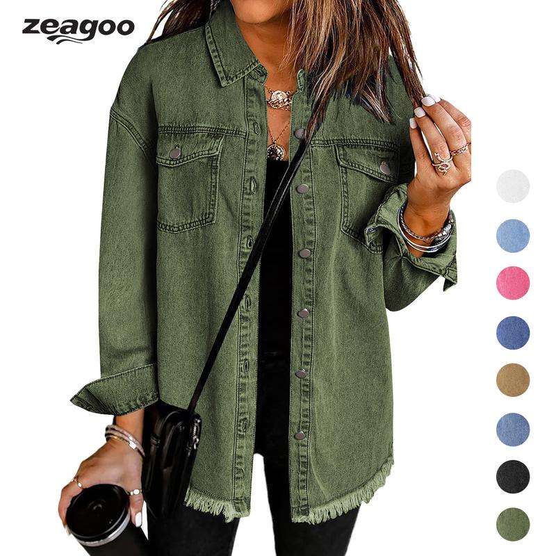 Women’s Jean Jackets for Women Ripped Fringe Denim Jean Jacket Casual Long Sleeve Pockets Jackets Coat Fabric Fashion Womenswear Soft  – Back to School Outfit Idea