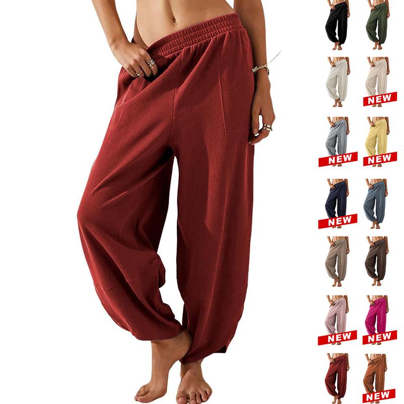 Tanming Women's Baggy Wide-Leg Pants - Casual, Elastic-Waisted, Bohemian Minimalist Basic Women's Clothes Bottom with Pockets