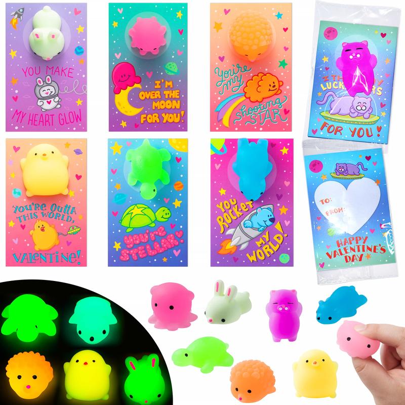 Joyin 28Pcs Kids Valentines Cards Mochi Squishy Toys with Glow-in-The-Dark & Glitter Mochi Stress Relief Classroom Exchange Prizes Valentine Party Favor Toy 2025 Sensory Bundle