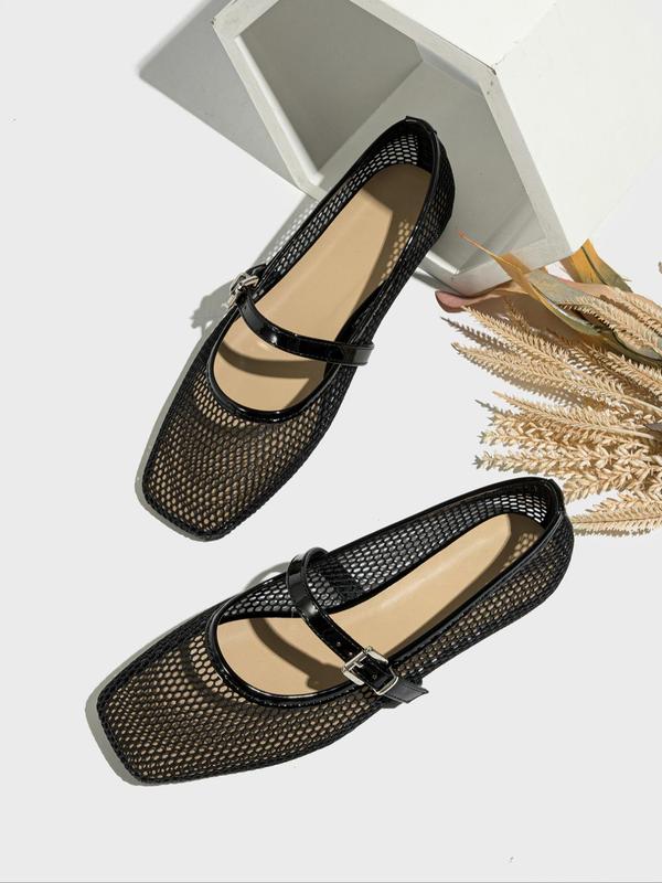 Women's Fashionable Solid Color Hollow Out Design Mary Jane Shoes, Casual Comfortable Square Toe Flat Shoes for Summer, Lightweight Breathable Shoes for Daily Wear, Girl, Casual Flats, Lightweight Flats Footwear