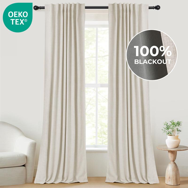 Inovaday 2pcs Blackout Curtains for Living Room Bedroom Linen Blackout Curtains, Back Tab/Rod Pocket Luxury Black Out Curtains for Windows Apartment