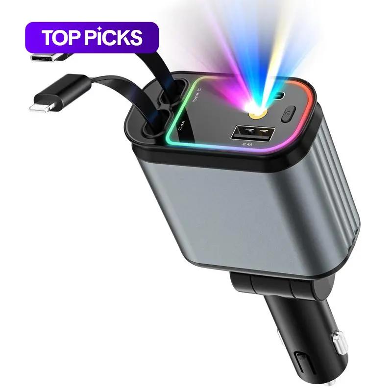 4-in-1 Electronic Smartphone Car Charger, 66W Super Fast Charging Retractable Automotive Charger with Star Projector Night Light, CarPlay Adapter Support, LED Ceiling Lights, USB Car Adapter, USB Car Connector, Compatible with iPhone & Samsung