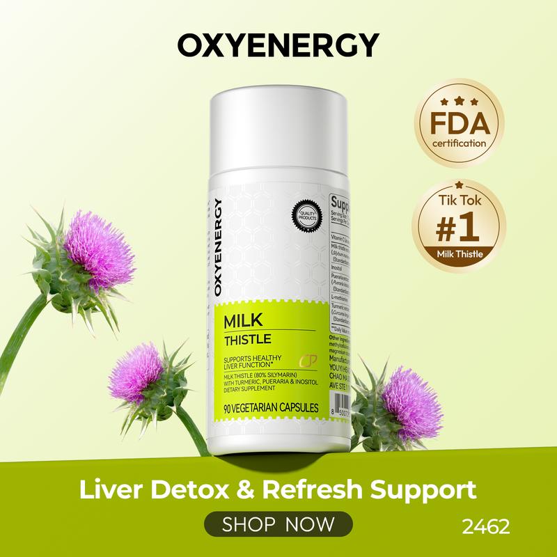 Oxyenergy Milk Thistle Dietary Herbal Supplement Capsules, 90-Count Detox Supplements for Liver Health Support with Colon Cleanse, Kudzu Root, Turmeric, Inositol, Methionine, Vitamin C & Silymarin