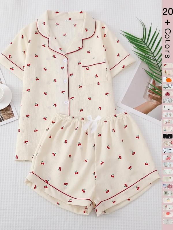 Two Counts Women's All Over Print Elastic Waist Pyjama Set, Back To School Wear, Regular Fit Button Front Top & Bow Decor Shorts, Summer Sleepwear, Pajama Sets Women, Nightwear Set for Women