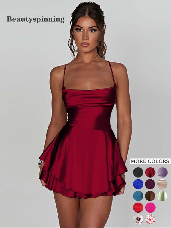 Women's Plain Lace Up Backless Tiered Layer Stretchy Satin Cami Dress, Summer Clothes Women, Womenswear, Elegant Cowl Neck Sleeveless A Line Short Dress for Party Holiday Wedding Guest, Dresses for Women