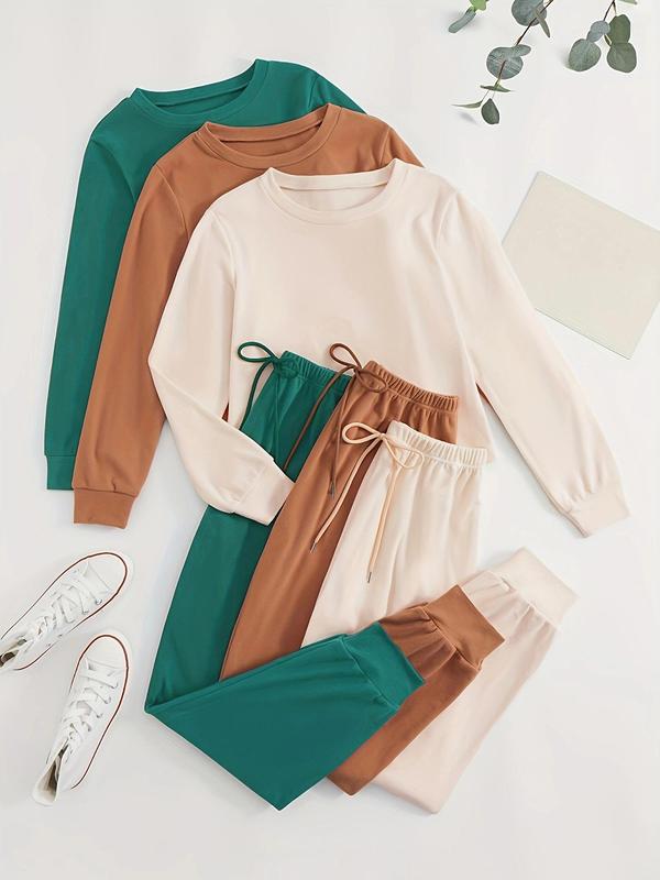 Women's Solid Color Long Sleeve Tee & Tie FrontÂ Elastic Waist Pants Loungewear Set, Casual Comfy Round Neck Top & Trousers PJ Set, Ladies Sleepwear for Spring & Fall