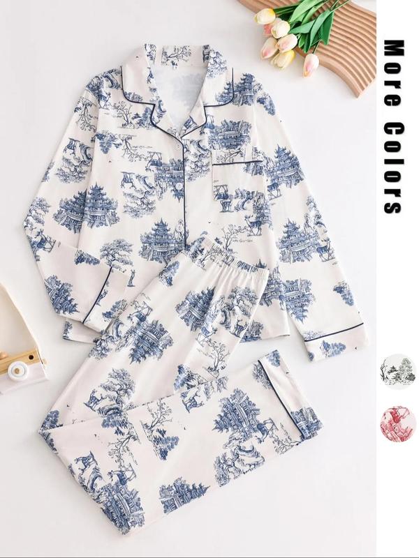 Women's 2-Piece All Over Print Button Front Pocket Lapel Shirt & Elastic Waist Pants Pyjama Set, Casual Comfy Pajama Long Sleeve Top & Trousers Matching Pj Set, Women's Sleepwear for Spring & Fall