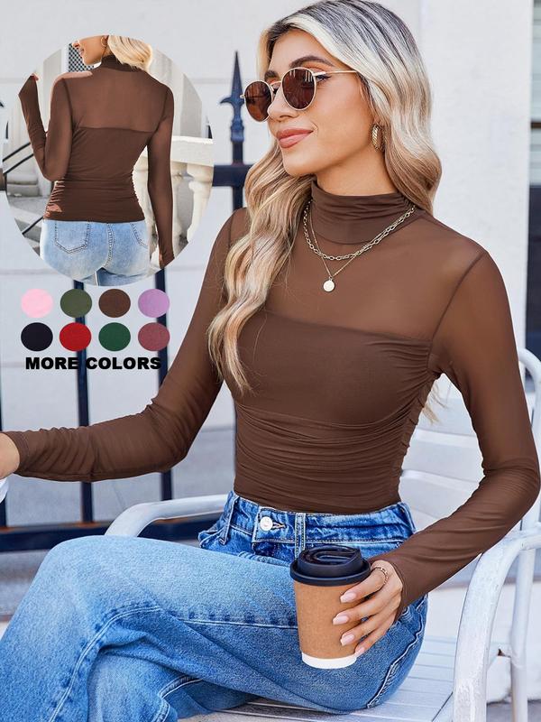 Women's Mesh Sheer Long Sleeve Ruched Top, Sexy Fitted High Neck, Fashion Chic Casual Versatile Basic Base layer
