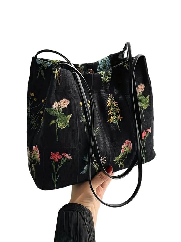 National Day Offers Random Floral Embroidered Canvas Shoulder Bag, Fashionable Large Capacity Tote Bag For Women, Trendy Women's Shopping Bag