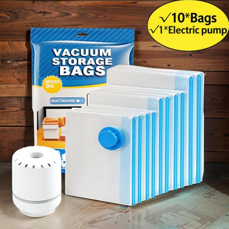 Summer Vacuum Storage Bag with Electric Pump, 10pcs Multi Size Vacuum Clothes Storage Bag & 1 Count Pump, Dustproof Organizer Storage Bag, Reusable Waterproof Space Saving Storage Bag, Space Saver Compression