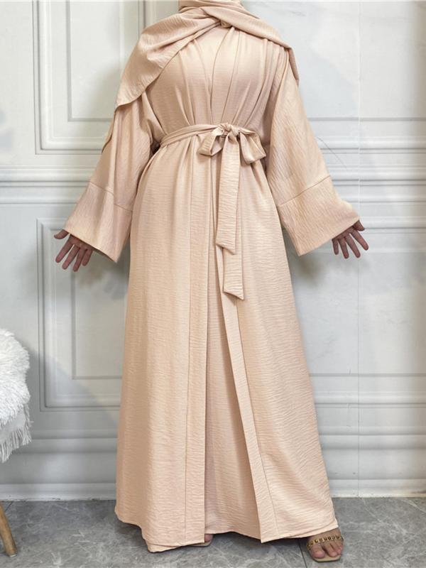 Fashion Muslim Set, Turkish Dubai Plain Women's Two-Piece Belt Tank Dress & Long Robe Set, Spring Modest Style, Classy Modest Dresses, Modest Muslim Outfits, Modest Muslim Clothing