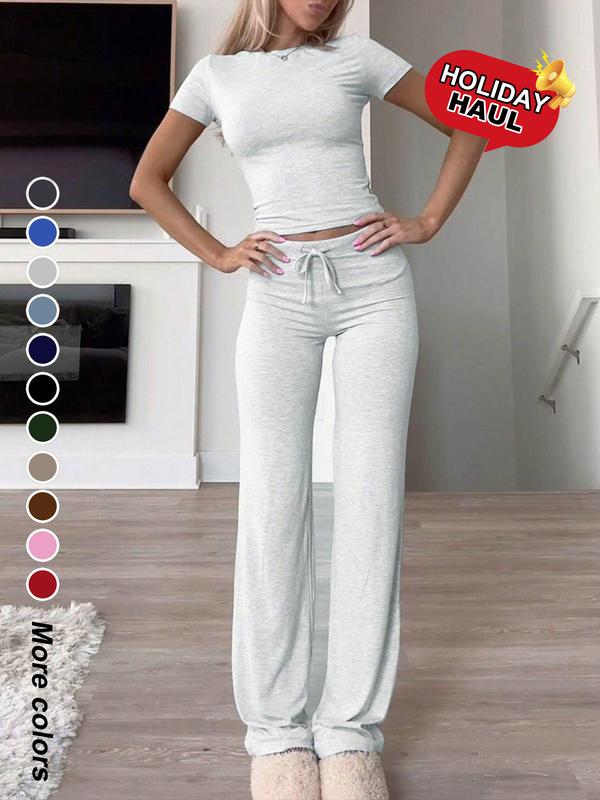 Women's Basic Solid Short Sleeve Two-piece Set, Casual Round Neck Crop Tee & Drawstring High Waist Trousers for Daily Wear, Ladies Summer Clothes, Womenswear