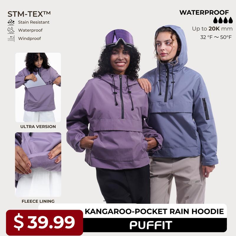 【Restocked】PUFFIT STM-TEX Waterproof Oversized Fall Hoodie Coat Warm Half Zip Rain Jacket With Adjustable Waist,Hood & Cuffs,Large Kangaroo Pocket,Shell Jacket,Ski Jacket,Spring Jacket,Windbreaker,Dog Walking,School Running,Football Mum,Stylish