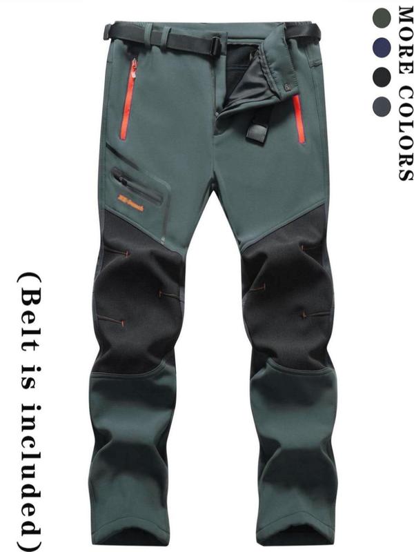 Men's Letter Embroidery Zipper Thermal Lined Pants, Casual Comfy Waterproof Soft Shell Trousers for Outdoor Activities, Men's Bottoms for All Seasons, Casual Streetwear Trousers, Menswear