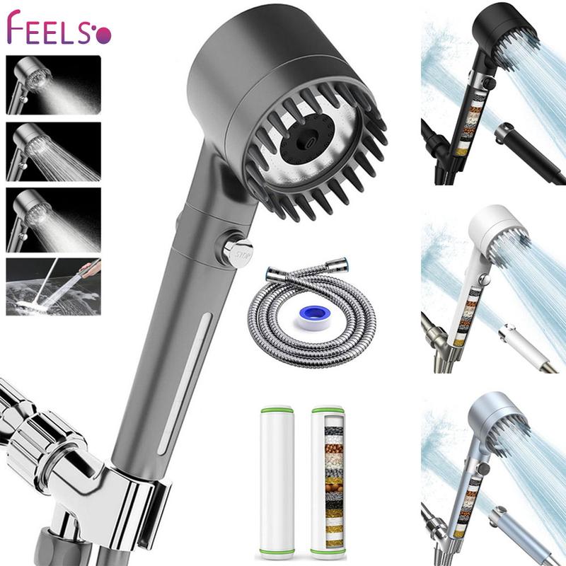 [Mothersdaygift] FEELSO Handheld Filter Shower Head High-Pressure Power Wash - 4-Setting Massage Spray, 60" Hose, Chrome Finish, Easy Install, Low Flow, One-Touch Water Stop, Adjustable Pressure, Micro-Technology Nozzles