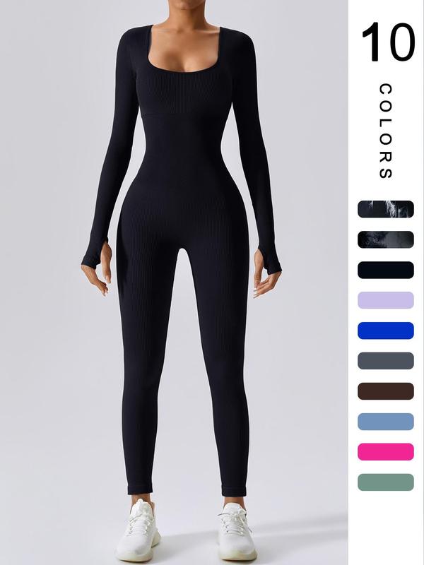 Women's Solid Ribbed Long Sleeve Sports Playsuit Tummy Control Jumpsuit, Workout Ribbed Long Sleeve Exercise Bodycon Jumpsuit, Seamless Jumpsuits One-piece Yoga Suit, Summer Outfits 2024, Stretchable Activewear