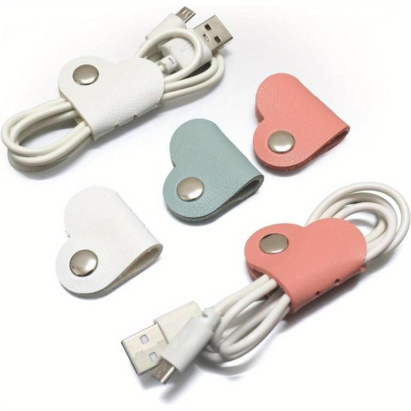 Random Color Heart Shaped Cord Organizer, 5 Counts/set Earphones Headphones Pu Leather Cable Organizer, Desk Drawer Organizer for Home and Office, School Supplies, Desk Tidy, Office Accessories, Cute Accessories Desk