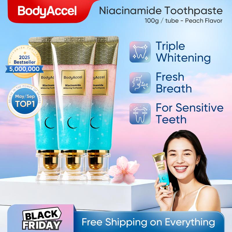 BodyAccel Triple Whitening Niacinamide Toothpaste for Sensitive Teeth - peach Flavor, Eco-Friendly, Fluoride-Free, 100g TikTokShopBlackFriday