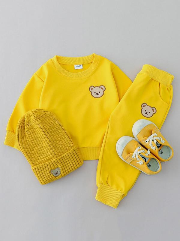 Baby's Two-piece Outfits without Hat & Shoes, Cartoon Bear Embroidery Sweatshirt & Elastic Waist Sweatpants Set, Baby's Clothes for Daily Wear, Baby Clothing, Gift Set