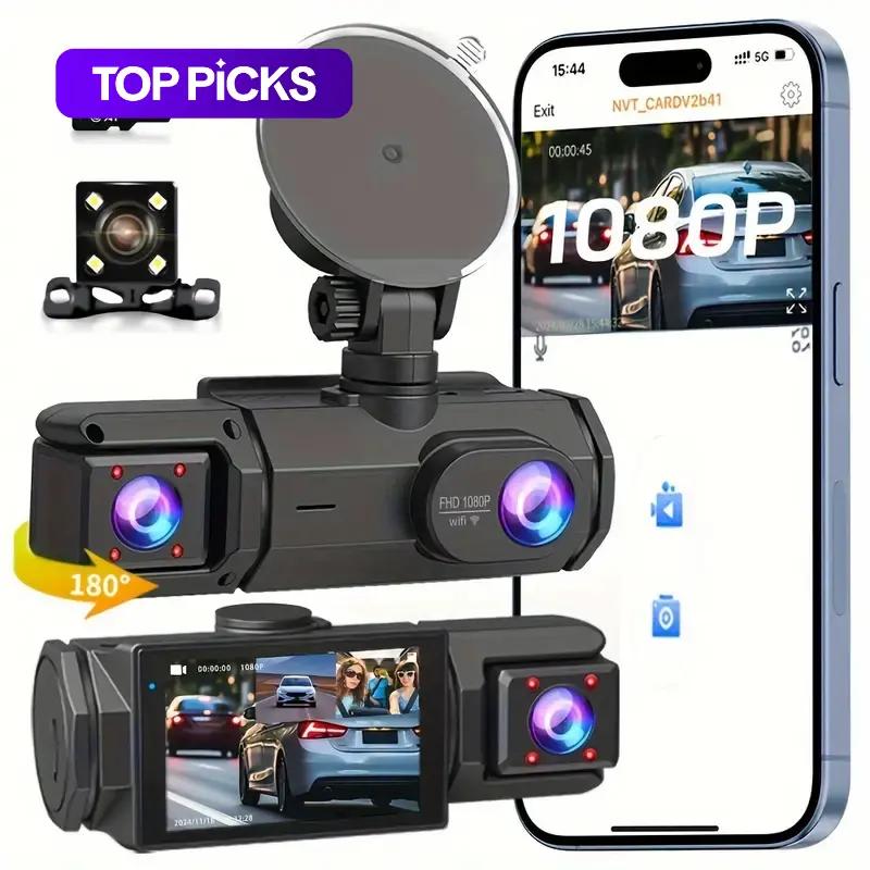 Three-Channel Dash Camera, Free 32GB SD Card, WiFi Functionality, Non-Wireless, Requires Power Supply, Model M3, Abs Enclosure