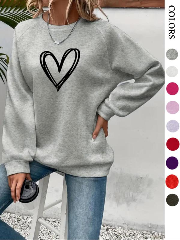 Women's Heart Print Raglan Sleeve Sweatshirt, Casual Fitted Long-Sleeve Round Neck Pullover For Fall & Winter, Women's Clothes For Daily Wear