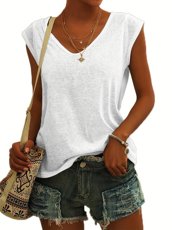 Women's Plain V Neck Short Sleeve Tee, Casual Minimalist Solid Cap Sleeve Fitted Basic T-Shirt for Summer, Summer Outfits 2024, Women's Top for Daily Wear, Womenswear