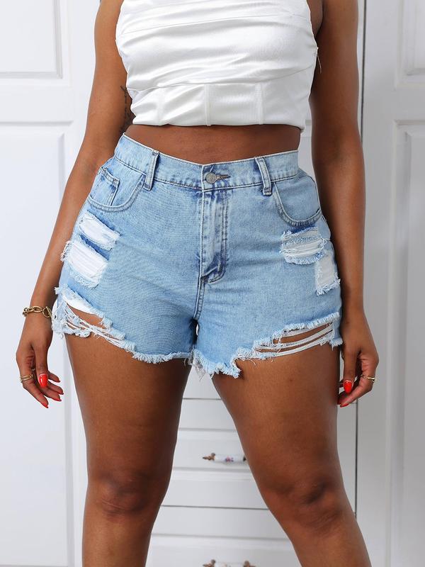 Plus Size Ripped High Waist Fitted Lightweight Denim Shorts, Fashion Casual Style Pocket Button Shorts for Daily Outdoor Wear, Women Jeans Shorts for Summer