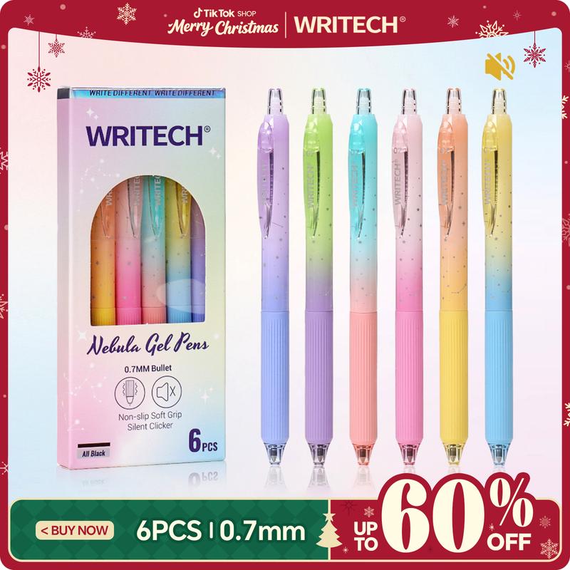 WRITECH Gel Pens Fine Point 0.7mm Black Ink Retractable 6ct with Gradient Color Barrel, Soft Vertical Stripe Silicone Grip & Detachable Design for Note Taking Silent Click No Smear Nebula Pen Set