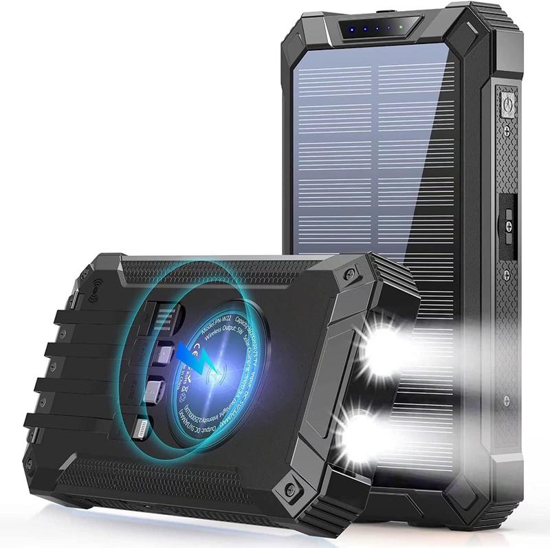 GNC W22 Solar Power Bank: 15W fast charging, 4 built-in cables, 6 outputs, 3 inputs, solar charging, dual flashlights, carabiner, fits all devices.
