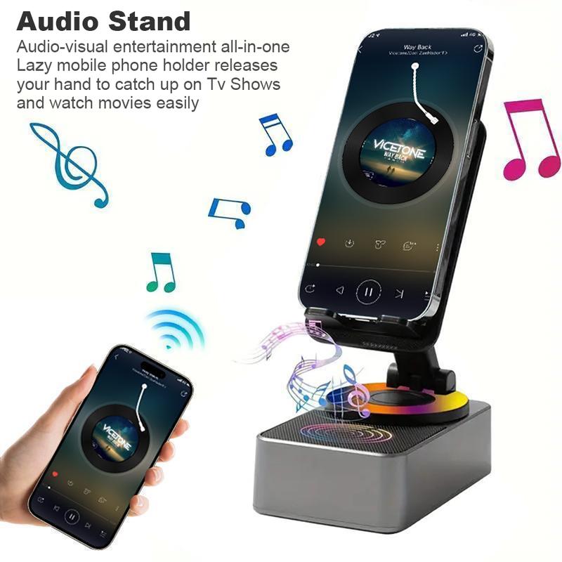 Wireless Audio Bluetooth Speaker 5in1 Phone Holder Emergency Rechargeable with Colorful Ambient Light 360° Foldable for Tablet iPhone Android Best Gift for Women or Men Adjustable Rotatable