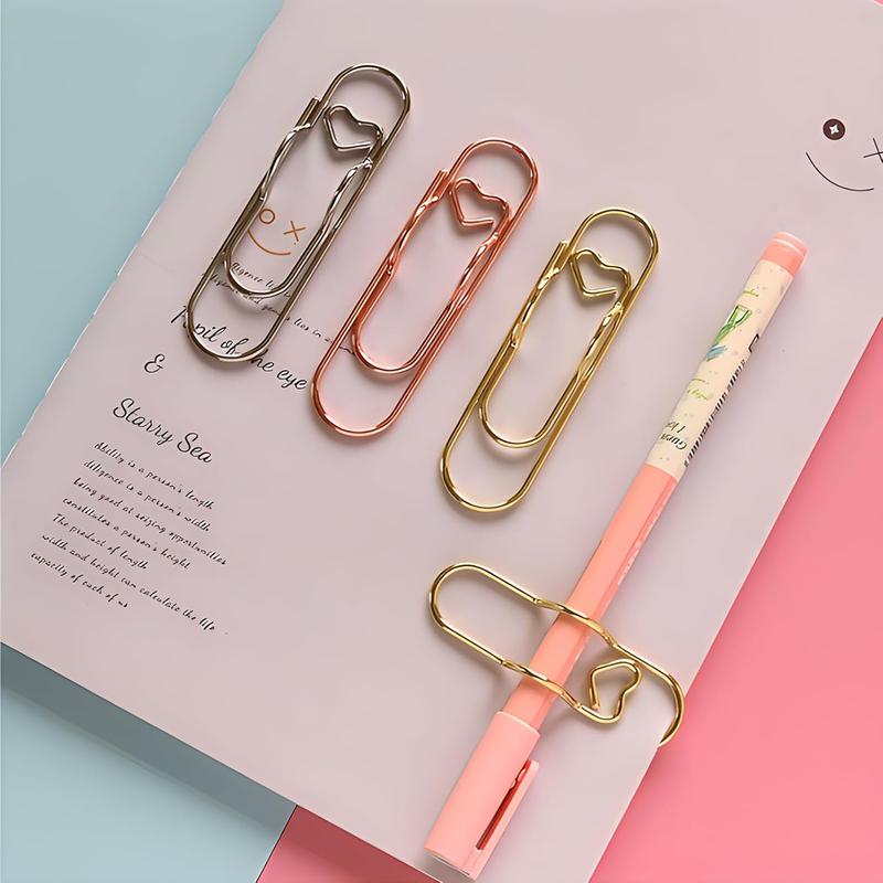 1 Box 6Pcs 3 Colors Heart Pen Clip Metal Pencil Clips Multifunctional Rose Gold Silver Carbon Steel Paperclip Portable Large Size Holder for Notebook Book Journal Office School Accessories