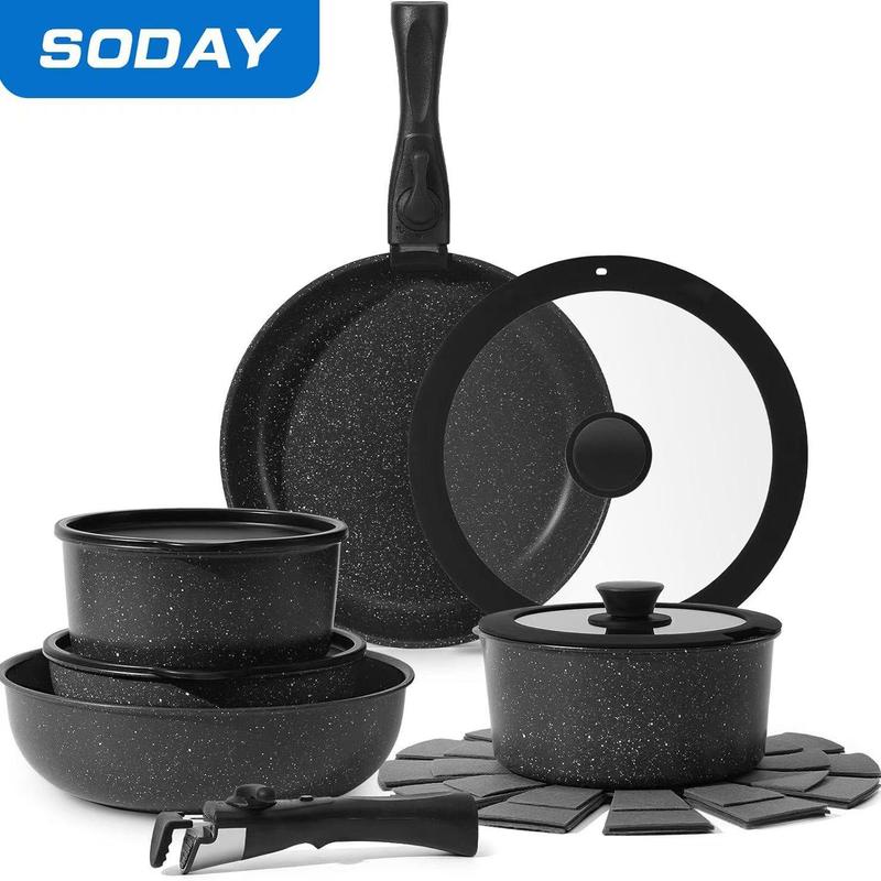 SODAY 15pcs Pots and Pans Set Non Stick, Cookware Sets with Detachable Handle, Nonstick RV Kitchen Cooking Set Removable Handles, Oven Safe,Stackable, Frying, Kitchenware,stock up on specials, mothersdaygift