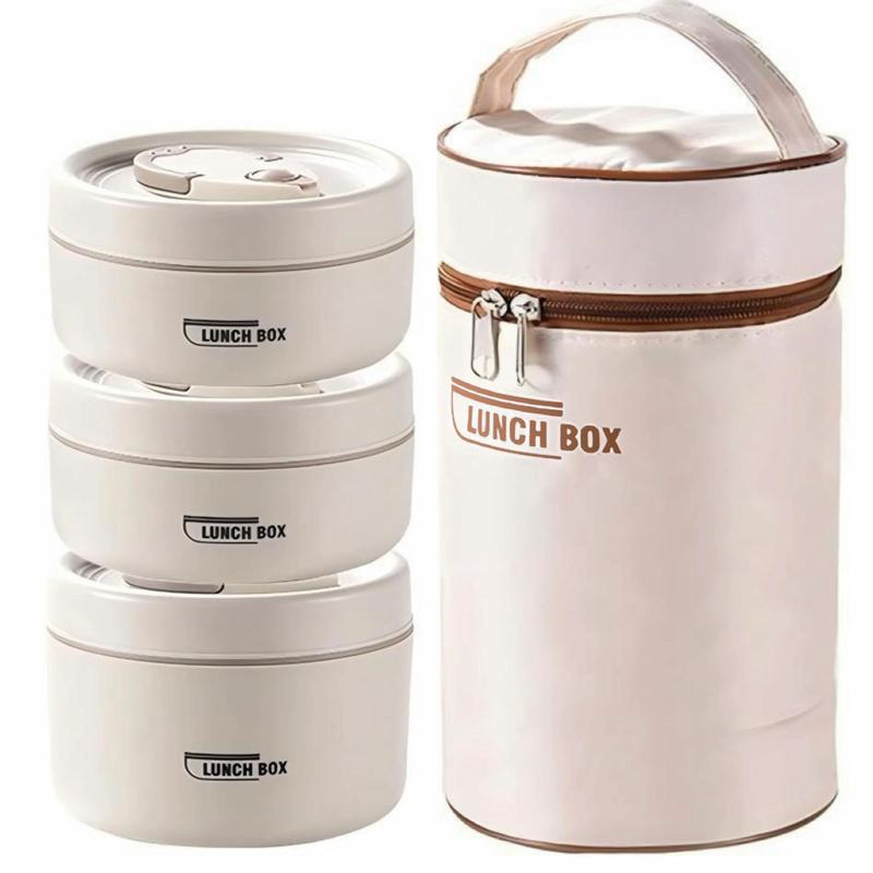 Portable Insulated Food Lunch Container Set, 1 Set Including 3 Counts Plastic Lunch Box & 1 Count Insulated Bag, 3 Separate Stackable Lunch Container with Insulated Lunch Compartment for Adult & Kids Travel, Insulated Bento Box, Kitchenware