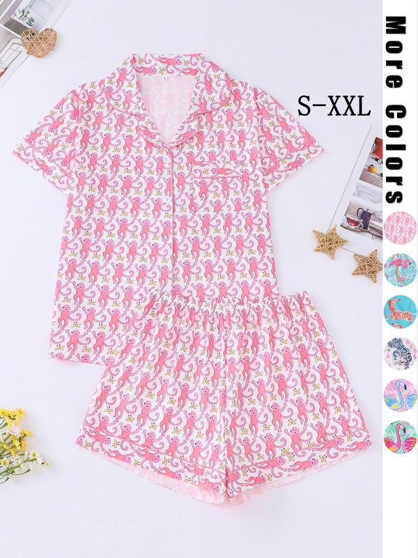 Women's Monkey Print Lapel Neck Button Front Shirt & Elastic Waist Shorts Pyjama Set, Casual Comfy Short Sleeve Pocket Top & Shorts PJ Set, Ladies Sleepwear Loungewear for All Seasons
