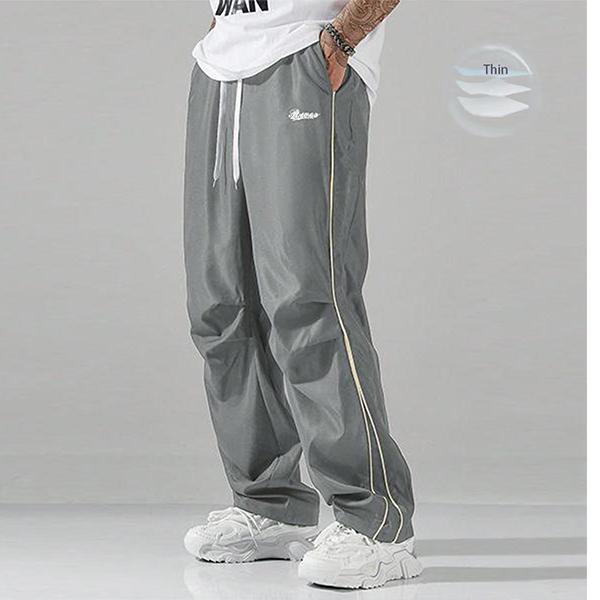 Men's Loose Sweatpants - 100% Polyester Athleisure Trousers, Lightweight Soft Fabric, Large Cut with Gray Side Strips & Gold Decorative Bars, Comfortable Casual Gym Wear (Mother's Day Gift)