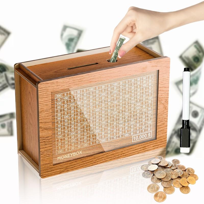 【Give Away 2 Stickers】Cash Vault Wooden Savings Box,Wooden Cash Saver Money Box,Wooden Piggy Bank Coin Bank with Counting Target,Wooden Coin Bank for Boys and Girls