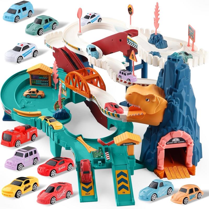 King Size Dinosaur Race Track Set for Kids, Electric Ramp Car Track Toy with Dinosaur Tunnel, Parking Garage, Bridge, Road Signs & Mini Vehicles, Toddler Racing Vehicle Playset for Boys Girls