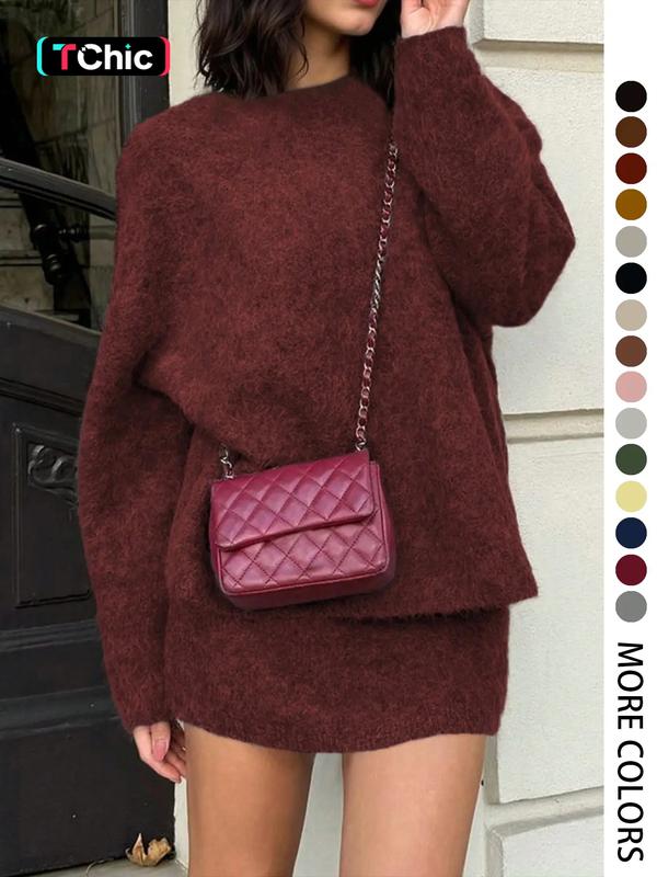 Autumn Winter Women's Basic Stylish Commuter Two-Piece Set, Casual Elegance with Long Sleeve Fitted Knitted Top and Skirt, Perfect for Fashionable Outings, Womenswear, Clothes, Lady