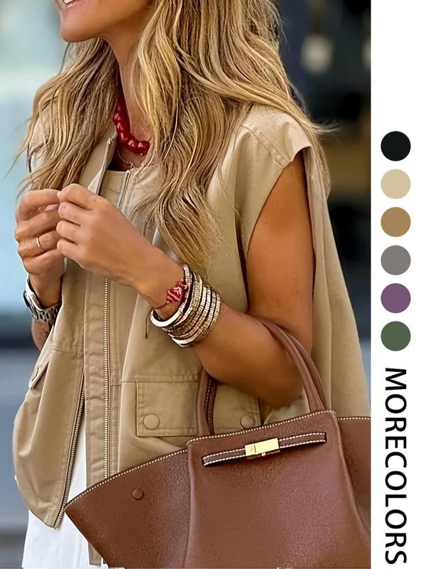 Women's Solid Color Fitted Zip-Front Vest, Casual Sleeveless Outerwear for Daily Wear, Ladies' Clothes for All Seasons, Casual Comfy Vest, Minimalist Fitted Vest