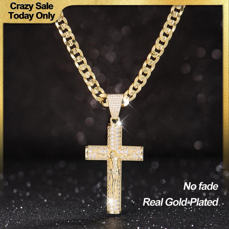 Holylegend 14k Real Gold-Plated Cuban , Figaro, Miami Cross with Jesus Christ Crucifix,24 inches Long and 6mm Wide,Handcrafted Polishing and Multiple Electroplating Daily Wear Necklace