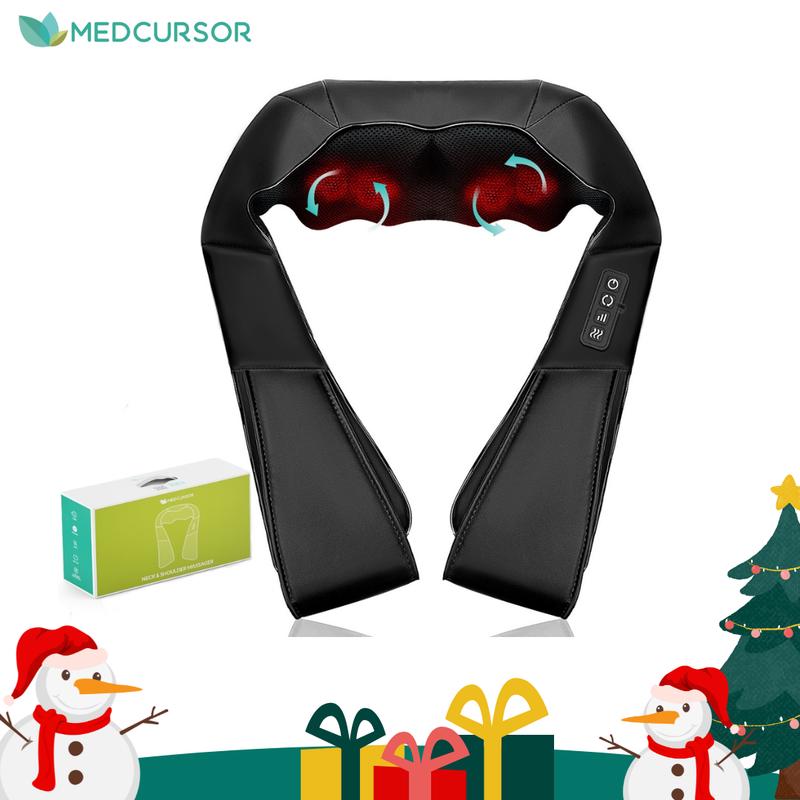 Medcursor mothersdaygift Neck & Shoulder Massager with Heat Shiatsu 16 Deep-Kneading Nodes Adjustable Intensity Portable for Muscle Relaxation Ideal