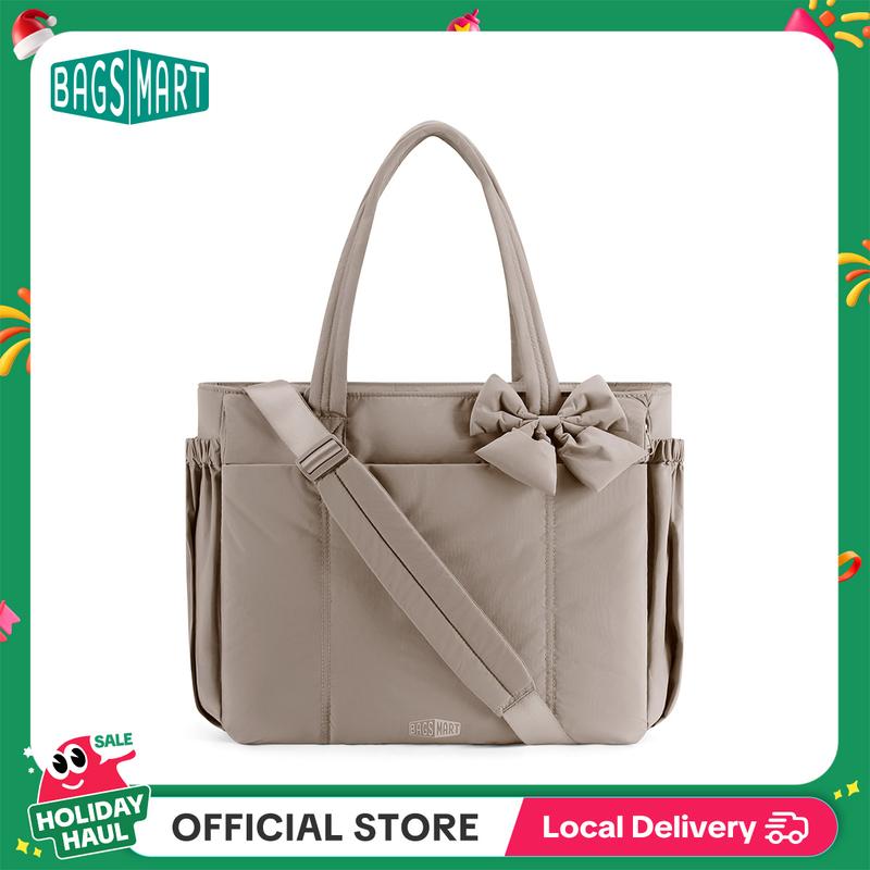 BAGSMART Crush Bow Tote Bag for Women 15.6" Laptop Friendly Lightweight Puffy Tote Bag with Removable Bow & Multiple Compartments for Travel Work Beach Gym 20L Capacity Mothersdaygift