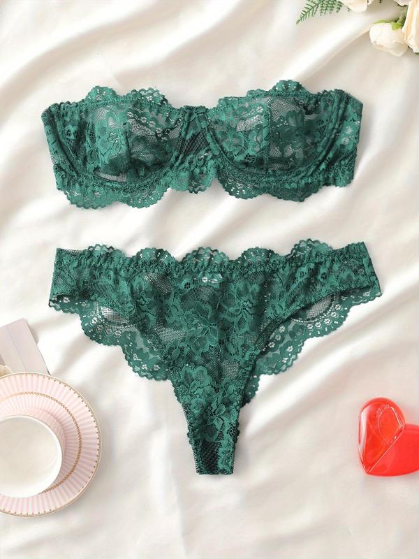 Women's Floral Lace Sexy Fitted Lingerie Two-piece Set, Romantic Underwire Bandeau Bra & Lace Edge Scallop Trim Thong, Comfortable Breathable Fabric Lingerie Set for Daily Wear, Women's Underwear Set for All Seasons, Emerald Green Option, Womenswear
