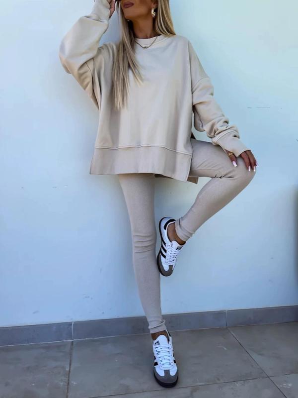 Women's Solid Drop Shoulder Split Hem Sporty Round Neck Sweatshirt & Pants Two-piece Set, Sweatsuit Matching Set, Casual Fashion Cozy Breathable Outfits for Daily Outdoor Wear, Ladies Sportswear for All Seasons, Sweatsuit Sets